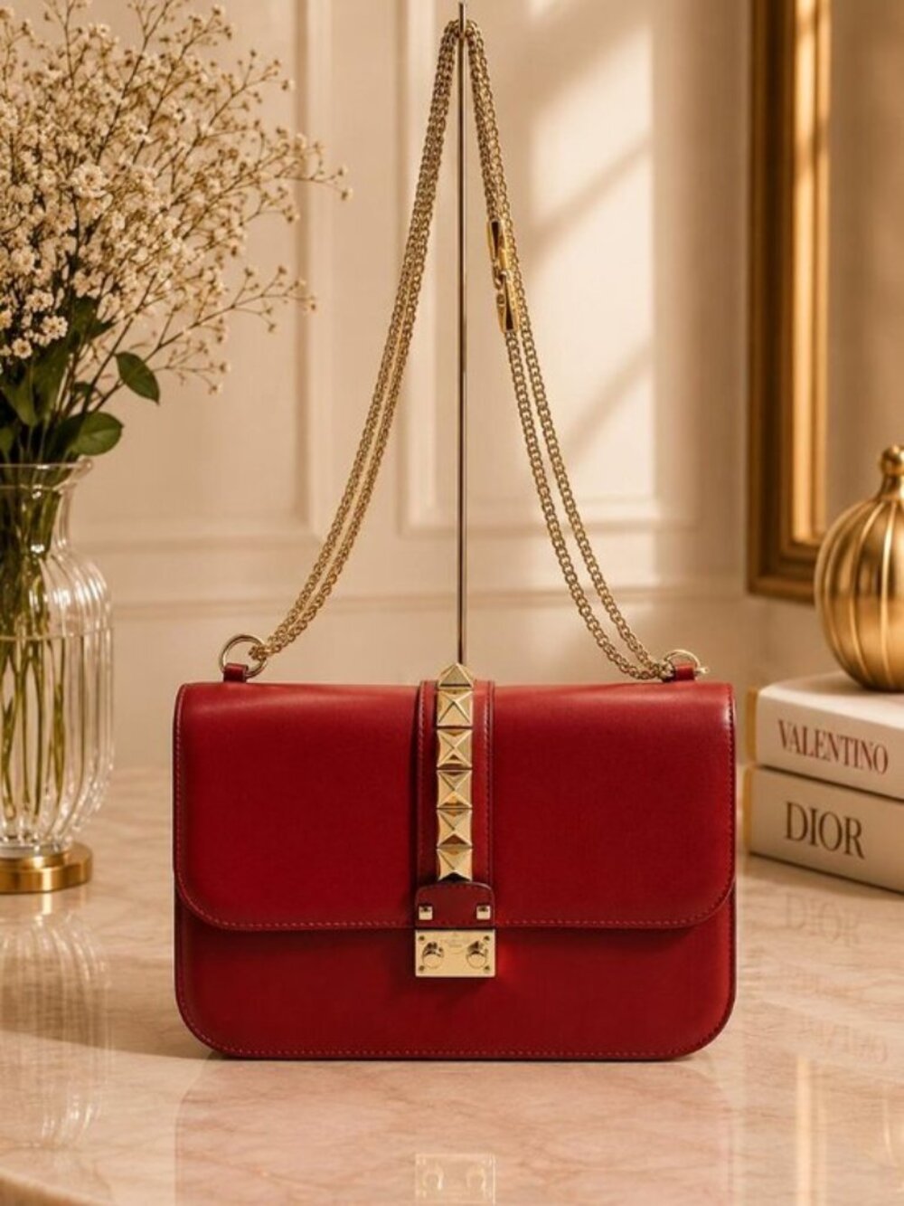 Authentic Valentino Rockstud Lock Red Leather Chain Crossbody Bag Luxury Cheaper